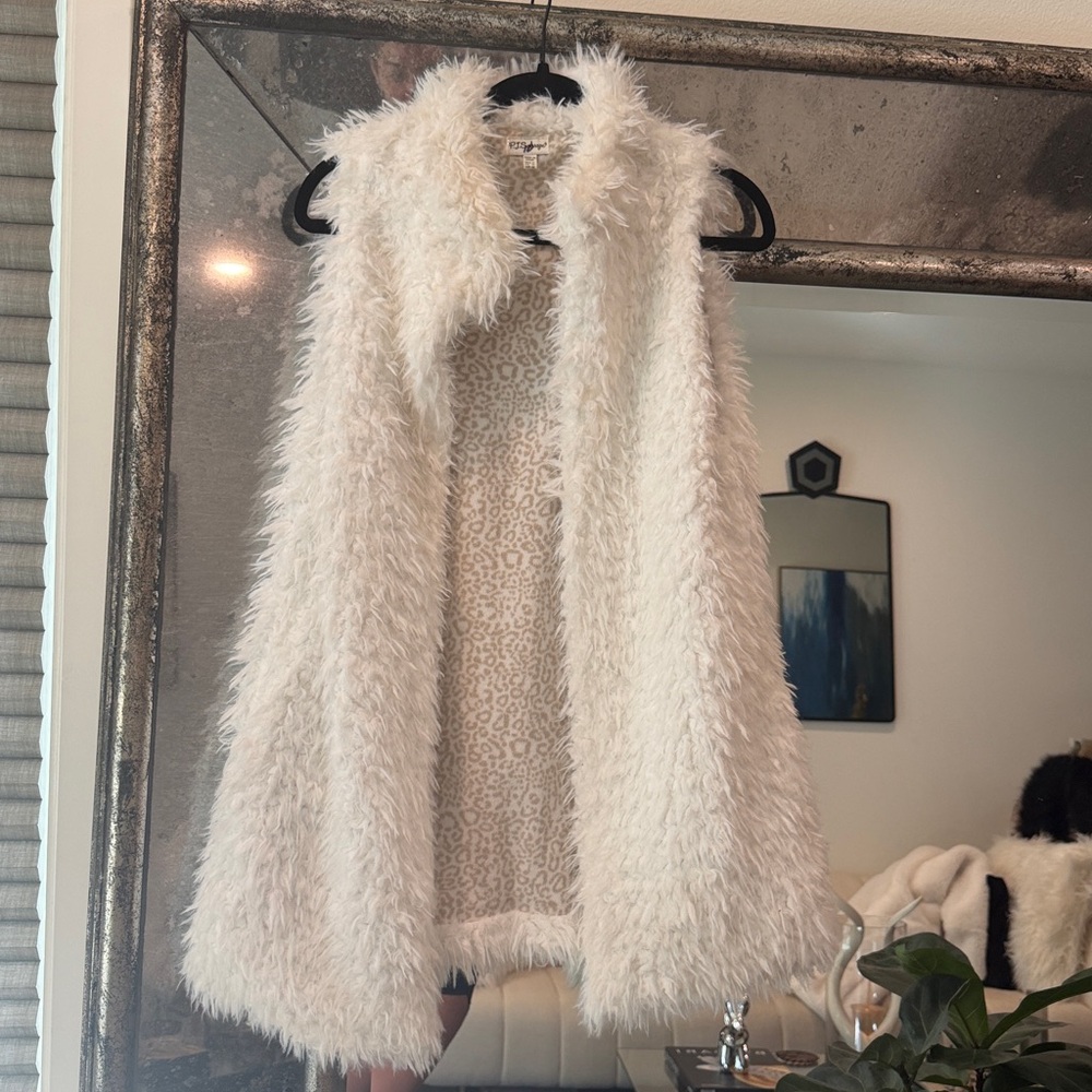 PJ Salvage Cream/White Faux Fur Vest with Leopard Print